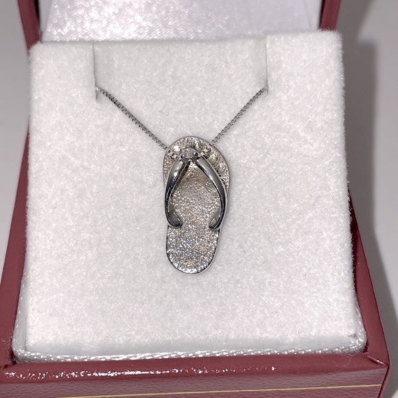 Solid Stamped 14K White Gold Diamond Flip Flop Beach Sandal...